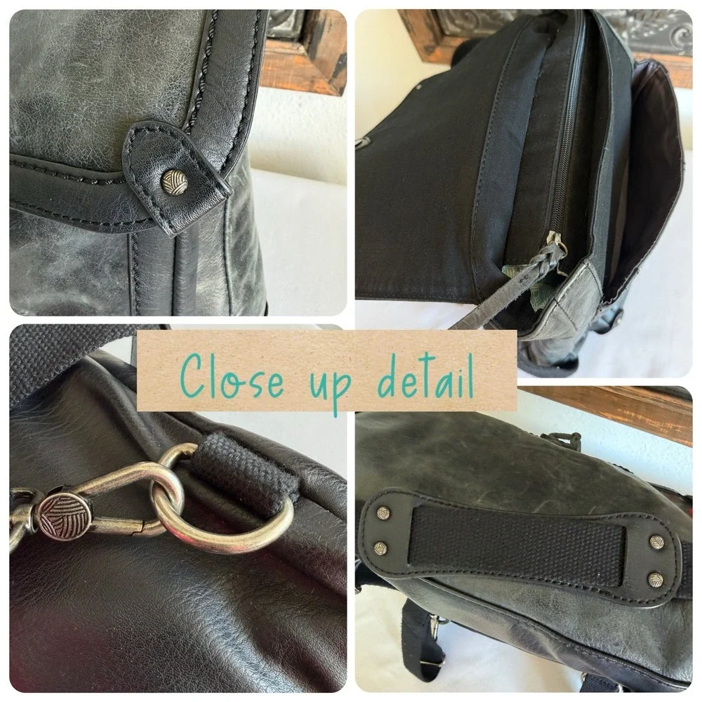 The Sak Ventura Womens Bag Black‎ Gray Leather Magnetic Snap Purse Backpack